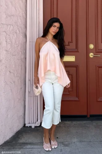 Adelaide Draped Satin Halter Top – Peach