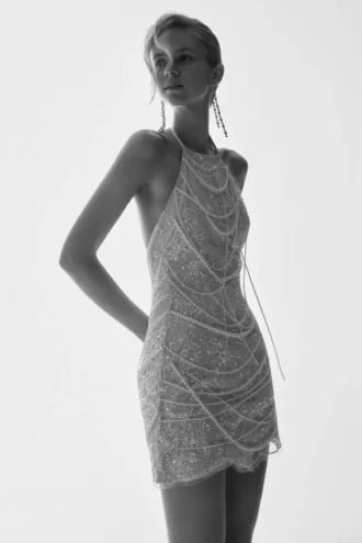 Adora Pearl Halter Mini Dress – White