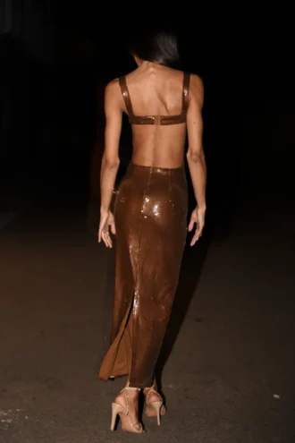 Adoria Sequin Cut Out Maxi Dress – Chocolate