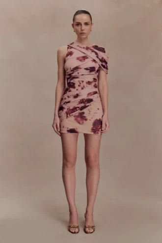 Adrienne One Shoulder Mesh Mini Dress – Nude Blurred Floral Print