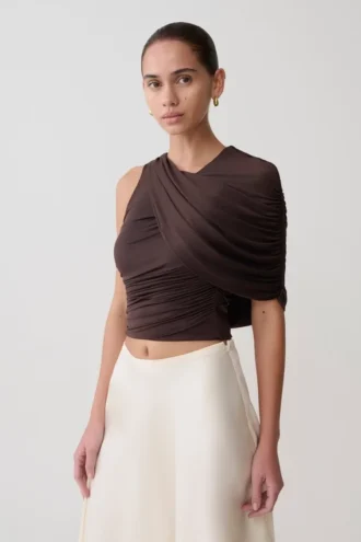 Adrienne One Shoulder Slinky Top – Chocolate
