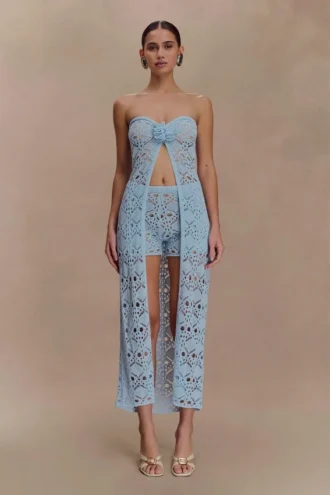 Aeline Strapless Crochet Knit Top – Sky Blue