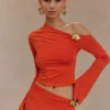 Ainsley Asymmetrical Long Sleeve Top With Floral Hardware – Burnt Orange Ainsley Asymmetrical Long Sleeve Top With Floral Hardware – Burnt Orange