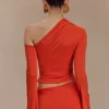 Ainsley Asymmetrical Long Sleeve Top With Floral Hardware – Burnt Orange Ainsley Asymmetrical Long Sleeve Top With Floral Hardware – Burnt Orange