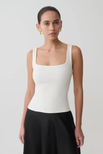 Aisling Ribbed Square Neck Sleeveless Top – Ivory