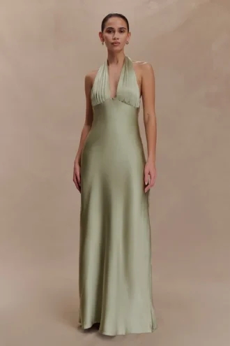 Alice Satin Halter Maxi Dress – Sage