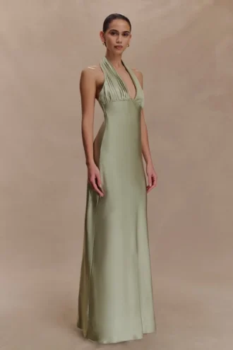 Alice Satin Halter Maxi Dress – Sage