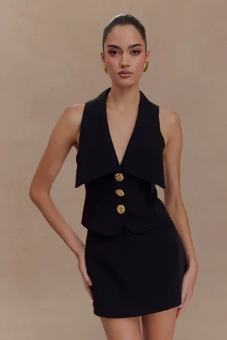 Alix Mixed Button Vest – Black