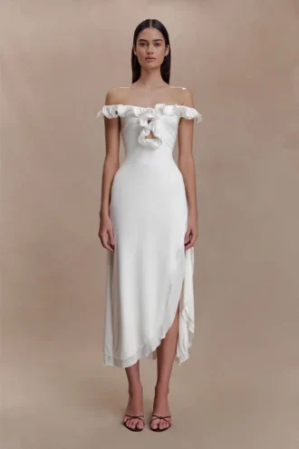 Allegra Off Shoulder Ruffle Midi Dress – Ivory
