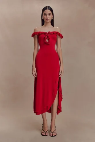 Allegra Off Shoulder Ruffle Midi Dress – Ruby