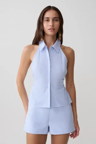 Allison Halter Sleeveless Shirt – Blue Pinstripe