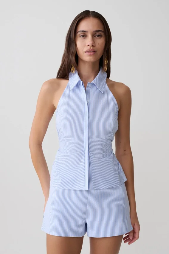 Allison Halter Sleeveless Shirt – Blue Pinstripe Allison Halter Sleeveless Shirt – Blue Pinstripe