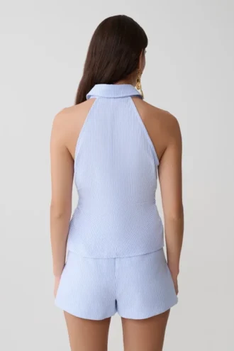Allison Halter Sleeveless Shirt – Blue Pinstripe