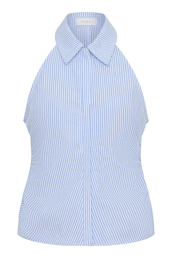 Allison Halter Sleeveless Shirt – Blue Pinstripe Allison Halter Sleeveless Shirt – Blue Pinstripe