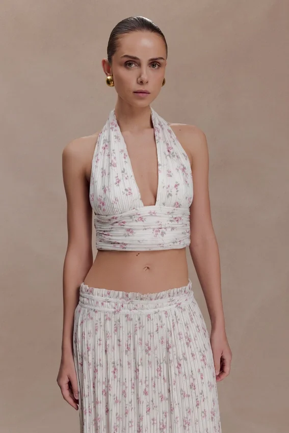 Amaris Sleeveless Plisse Halter Top – Floral Ditsy Print Amaris Sleeveless Plisse Halter Top – Floral Ditsy Print