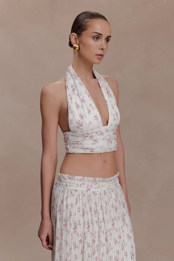Amaris Sleeveless Plisse Halter Top – Floral Ditsy Print Amaris Sleeveless Plisse Halter Top – Floral Ditsy Print
