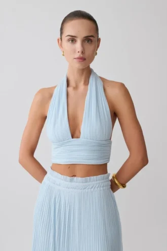 Amaris Sleeveless Plisse Halter Top – Pale Blue