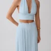 Amaris Sleeveless Plisse Halter Top – Pale Blue