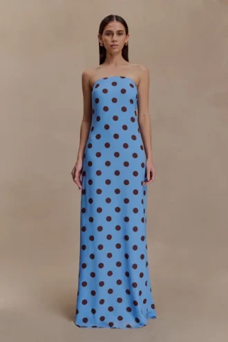 Amaya Strapless Chiffon Maxi Dress – Blue Polka Dot
