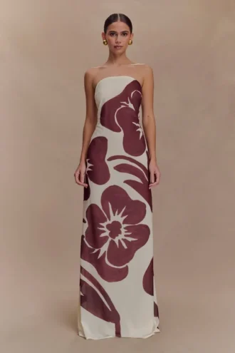 Amaya Strapless Chiffon Maxi Dress – Brown Deco Fleur Print