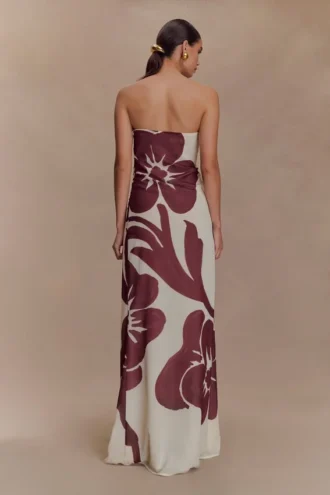 Amaya Strapless Chiffon Maxi Dress – Brown Deco Fleur Print