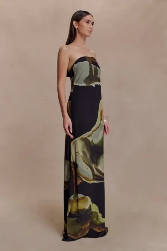 Amaya Strapless Chiffon Maxi Dress – Green Fluid Reverie Print