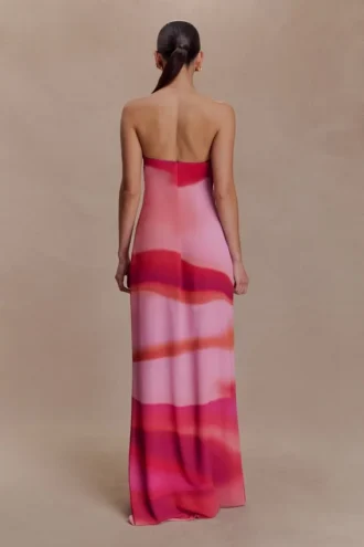 Amaya Strapless Chiffon Maxi Dress – Pink Sunset Print