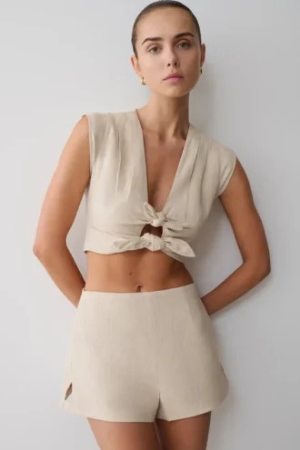 Anahita Linen Front Bows Short Sleeve Top – Natural