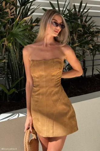 Andy Faux Suede Mini Dress – Camel