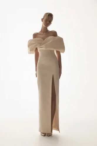 Angelica Taffeta Off Shoulder Bridal Gown – Soft Beige