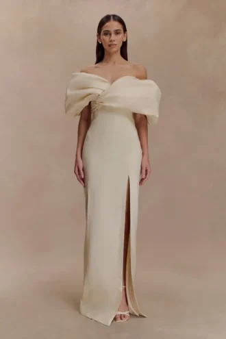 Angelica Taffeta Off Shoulder Bridal Gown – Soft Beige