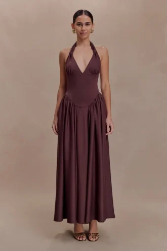Angelina Scuba Halter Midi Dress – Chocolate