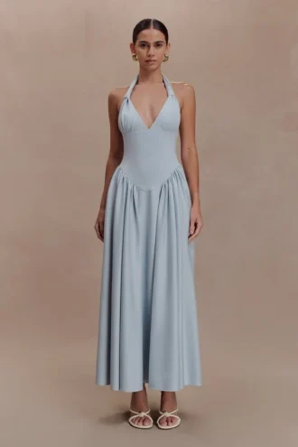 Angelina Scuba Halter Midi Dress – Pale Blue