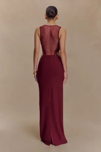Angelique Beaded Crepe Maxi Dress – Wine