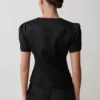 Anne Short Sleeve Satin Top – Black