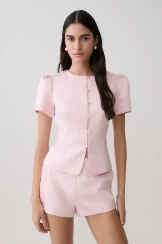 Anne Short Sleeve Satin Top – Pale Pink
