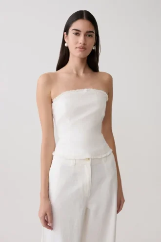 Annie Strapless Tie Back Linen Top – White