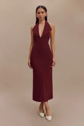 Annita Crepe Halter Midi Dress – Merlot