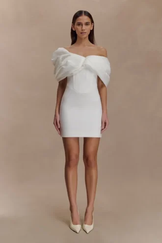 Aphrodite Off Shoulder Crepe Mini Dress – Ivory