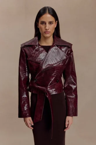 Archie Croc Faux Leather Cropped Jacket – Burgundy