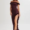 Arielle Off Shoulder Ruffle Midi Dress – Plum
