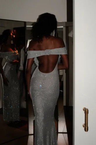 Arna Off Shoulder Diamante Maxi Dress – Silver