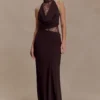 Arra Chiffon And Lace Halter Maxi Dress – Cacao Brown Arra Chiffon And Lace Halter Maxi Dress – Cacao Brown