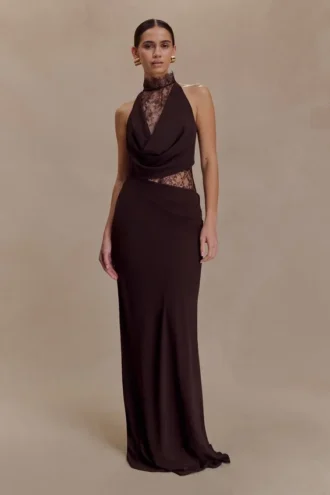 Arra Chiffon And Lace Halter Maxi Dress – Cacao Brown