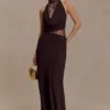 Arra Chiffon And Lace Halter Maxi Dress – Cacao Brown Arra Chiffon And Lace Halter Maxi Dress – Cacao Brown