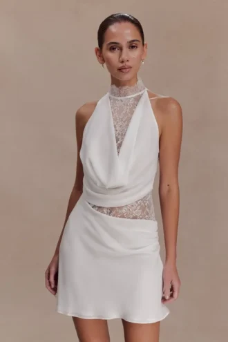 Arra Chiffon And Lace Halter Mini Dress – White