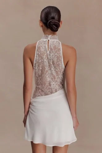 Arra Chiffon And Lace Halter Mini Dress – White
