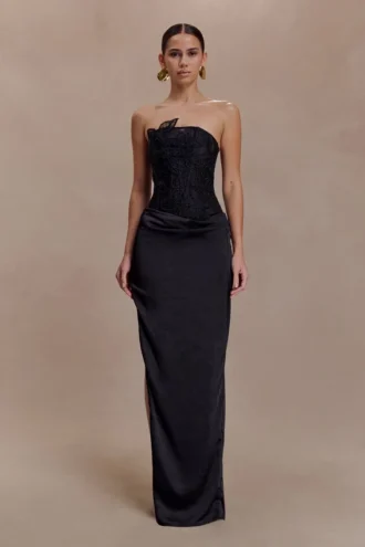 Asha Floral Mesh And Satin Maxi Dress – Black
