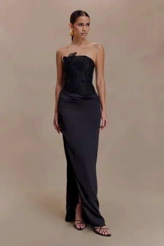 Asha Floral Mesh And Satin Maxi Dress – Black