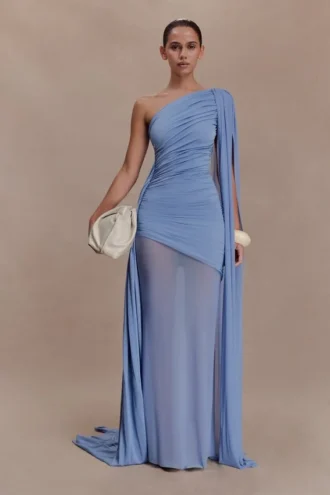 Asher Slinky One Shoulder Maxi Dress – Cornflower Blue